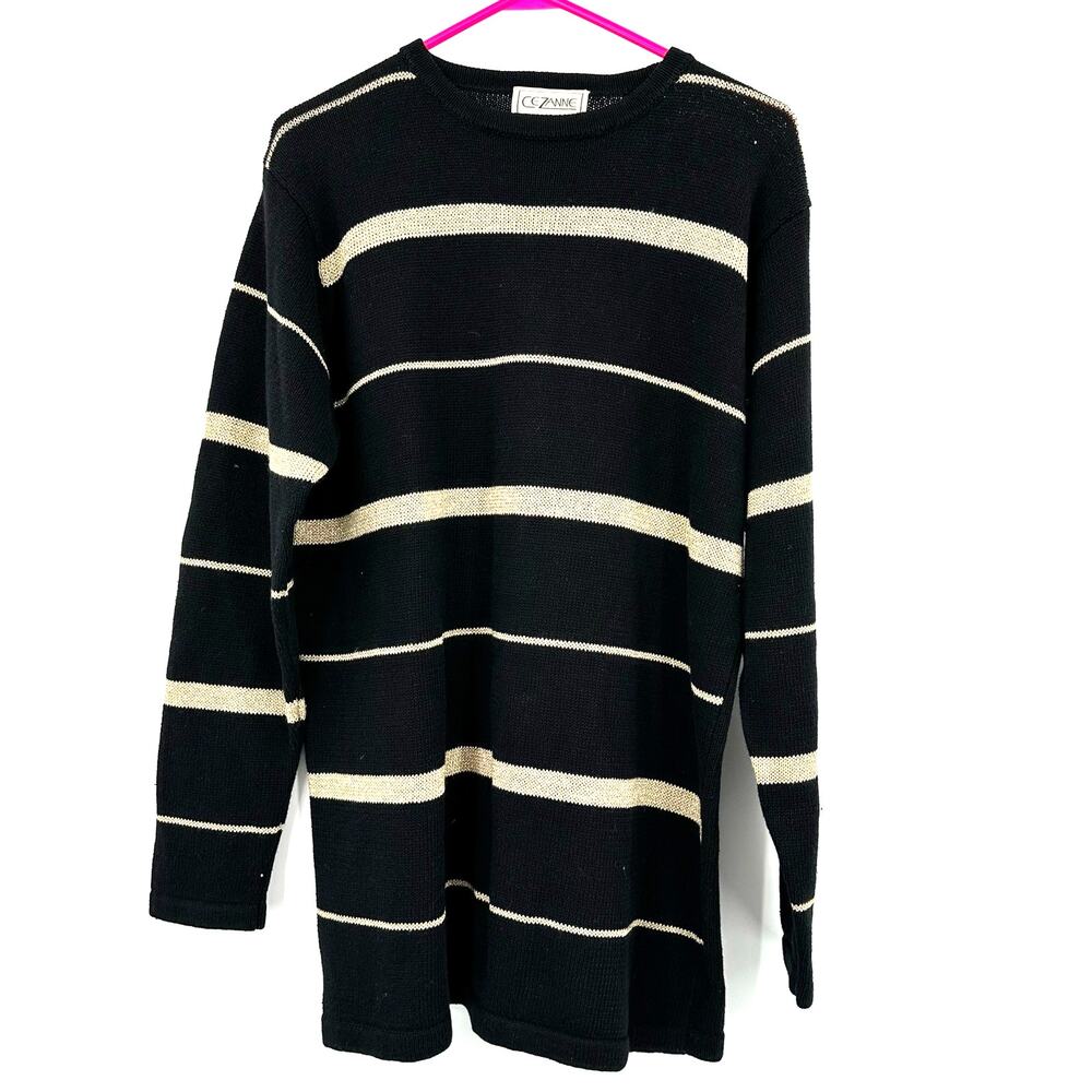 Cezanne Size Medium Sweater Black Gold‎ Stripe Chunky Knit Pullover Winter Ramie